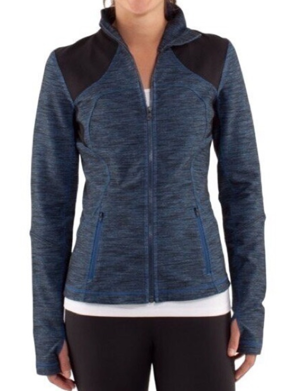 Lululemon Forme Full Zip Fitted Jacket Slub Denim Heathered Blue Black Size 8